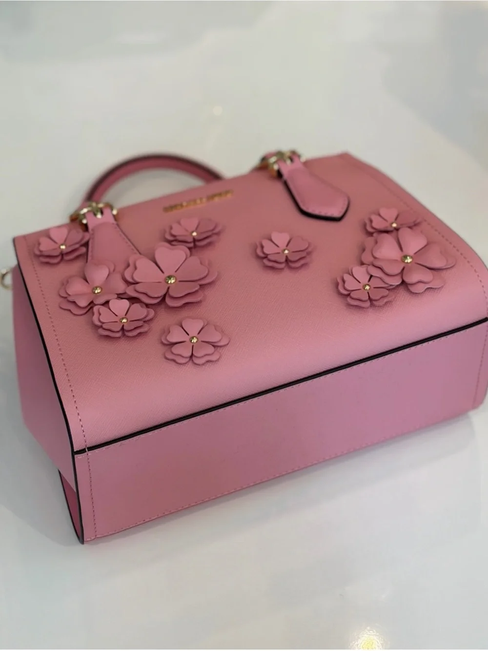Michael Kors Pink Floral Applique Satchel with Gold Hardware